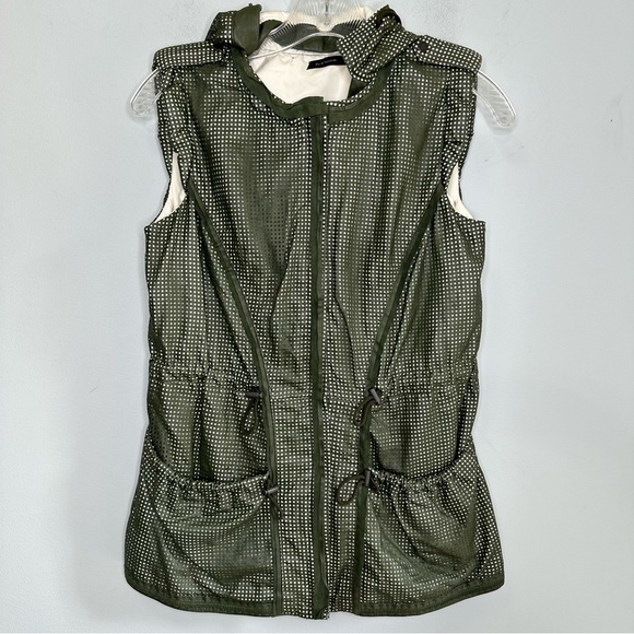 Elie Tahari Green Perforated Zip Up Hoodie 100% Leather Vest Jacket Size XS